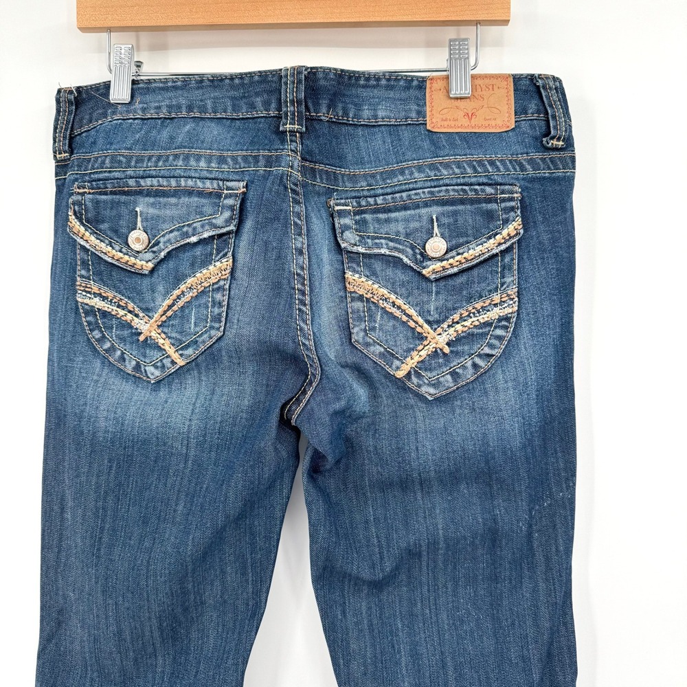 Y2K Amethyst Dark Wash Distressed Embroidered Flap Pocket Bootcut Jeans Womens - Picture 6 of 12